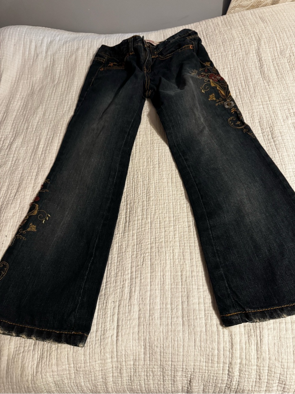 Old Navy Jeans Girls 7 Blue Hipster Bootcut Floral Embroidered Dark Wash Boho
